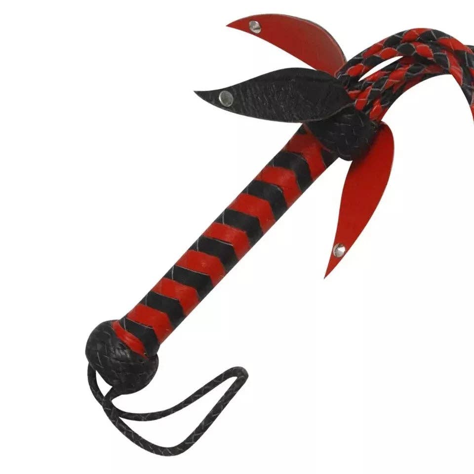 BDSM* Red Genuine Leather Flogger 9 Falls with Steel Studs Leather Handle