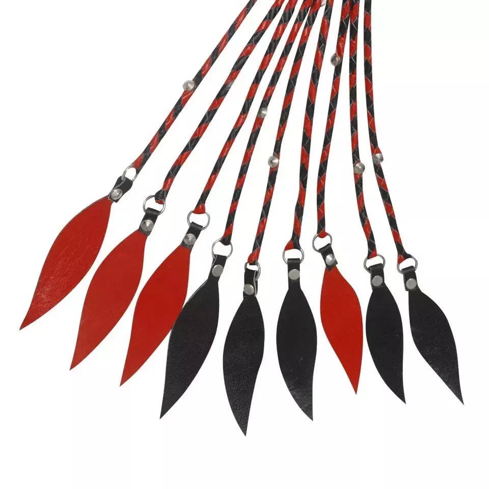 BDSM* Red Genuine Leather Flogger 9 Falls with Steel Studs Leather Handle