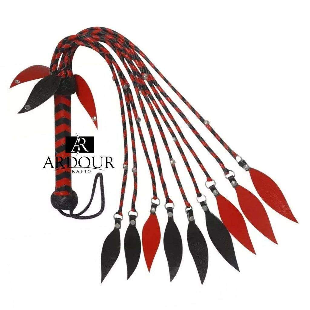 BDSM* Red Genuine Leather Flogger 9 Falls with Steel Studs Leather Handle